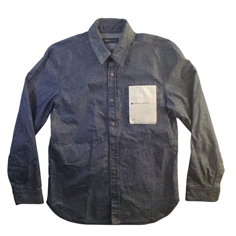 Purple Brand Snap Button Italy Handmade Textured Metallic Blue Shirt P800080 L